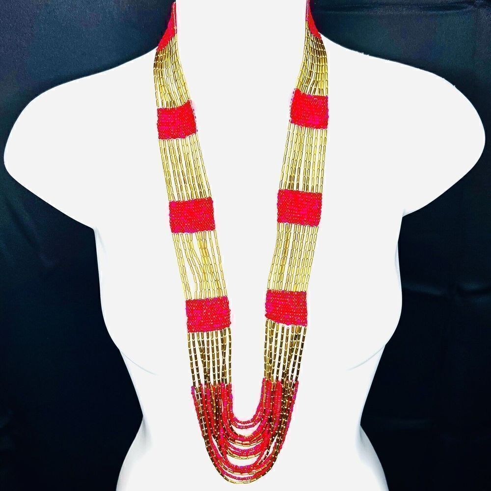Stunning Waterfall Pink Antiqued Gold Multi Strand Seed Bead Statement Necklace